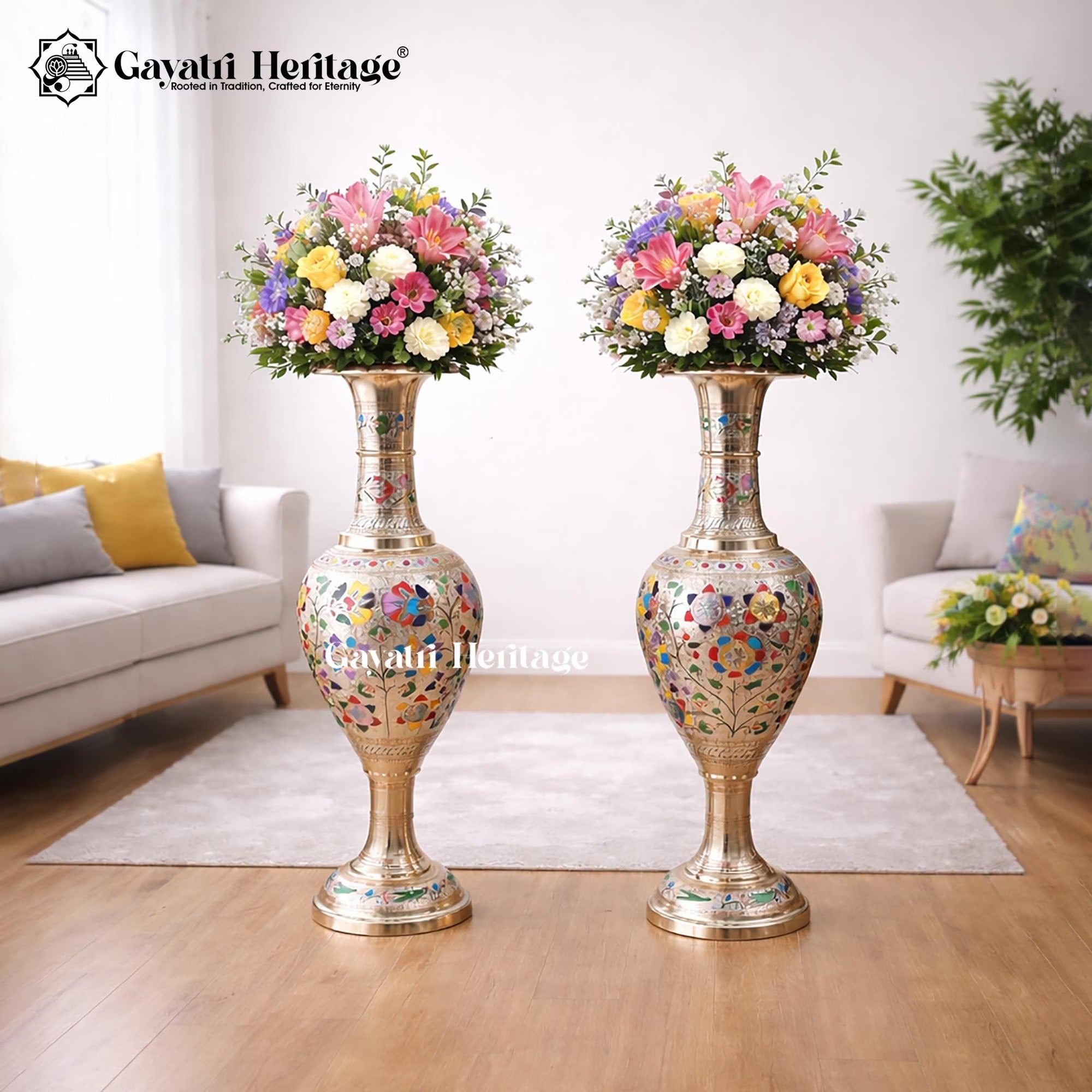 Brass Meenakari Vase – Elegant Flower Pot Decor | Gayatri Heritage
