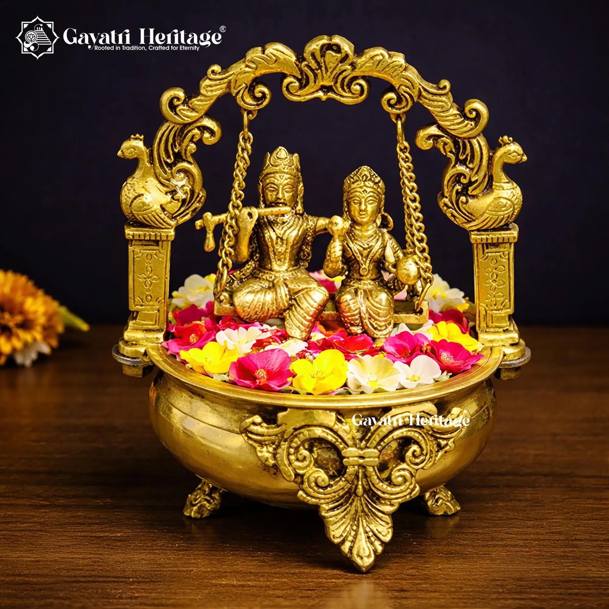 Brass Radha Krishna Jhula Urli – Spiritual Home Decor | Gayatri Heritage