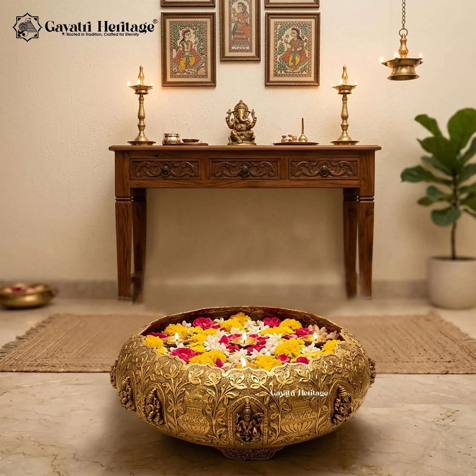 Brass Ashtalakshmi Urli – Sacred Lakshmi Bowl Decor | Gayatri Heritage