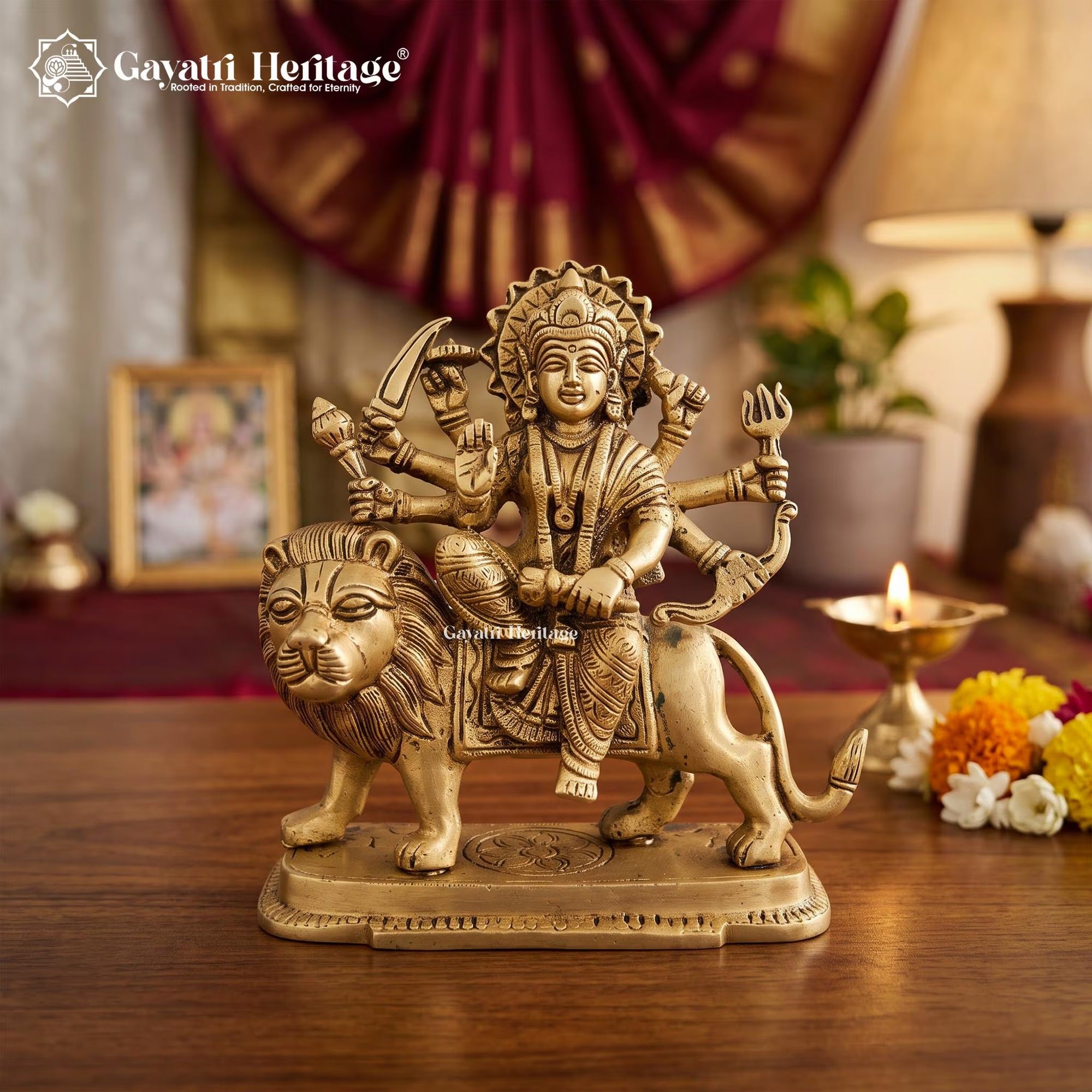 Antique Brass Durga Maa Statue with Lion | Indian Goddess Durga Sculpture