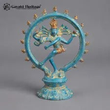 Brass Nataraja Statue – Turquoise Blue & Gold Finish | Vintage Indian Dancing Shiva Sculpture