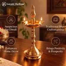 Brass Kerala Samay Lamp, Traditional Nilavilakku Standing Oil Lamp, 4 Wick Deepam for Pooja Room, Temple Decor & Diwali