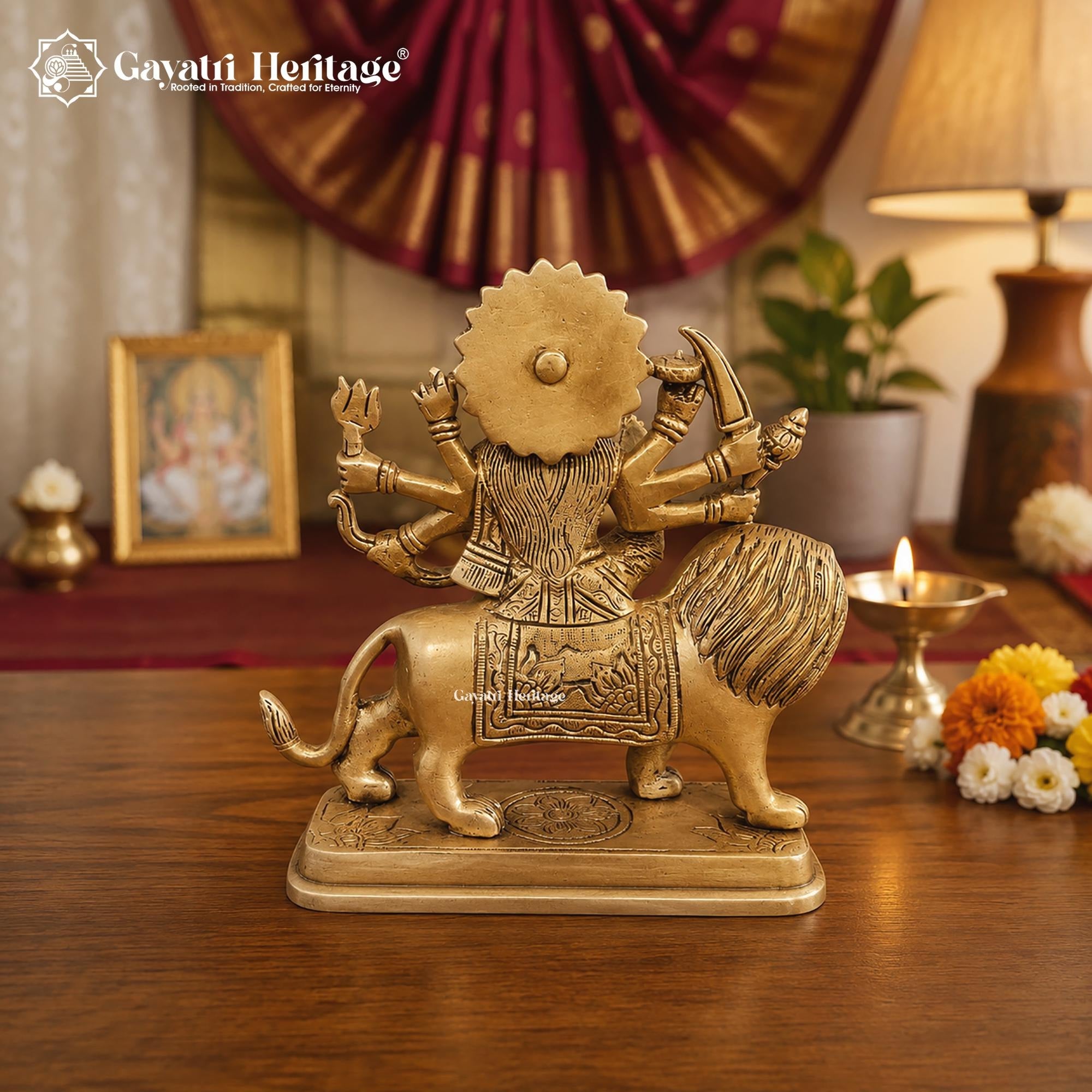 Antique Brass Durga Maa Statue with Lion | Indian Goddess Durga Sculpture