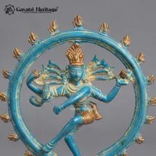 Brass Nataraja Statue – Turquoise Blue & Gold Finish | Vintage Indian Dancing Shiva Sculpture