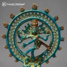 Brass Nataraja Idol – Turquoise & Gold Dancing Shiva Statue | Handcrafted Hindu Temple & Home Decor