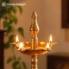 Brass Kerala Samay Lamp, Traditional Nilavilakku Standing Oil Lamp, 4 Wick Deepam for Pooja Room, Temple Decor & Diwali