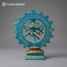 Brass Nataraja Idol – Turquoise & Gold Dancing Shiva Statue | Handcrafted Hindu Temple & Home Decor