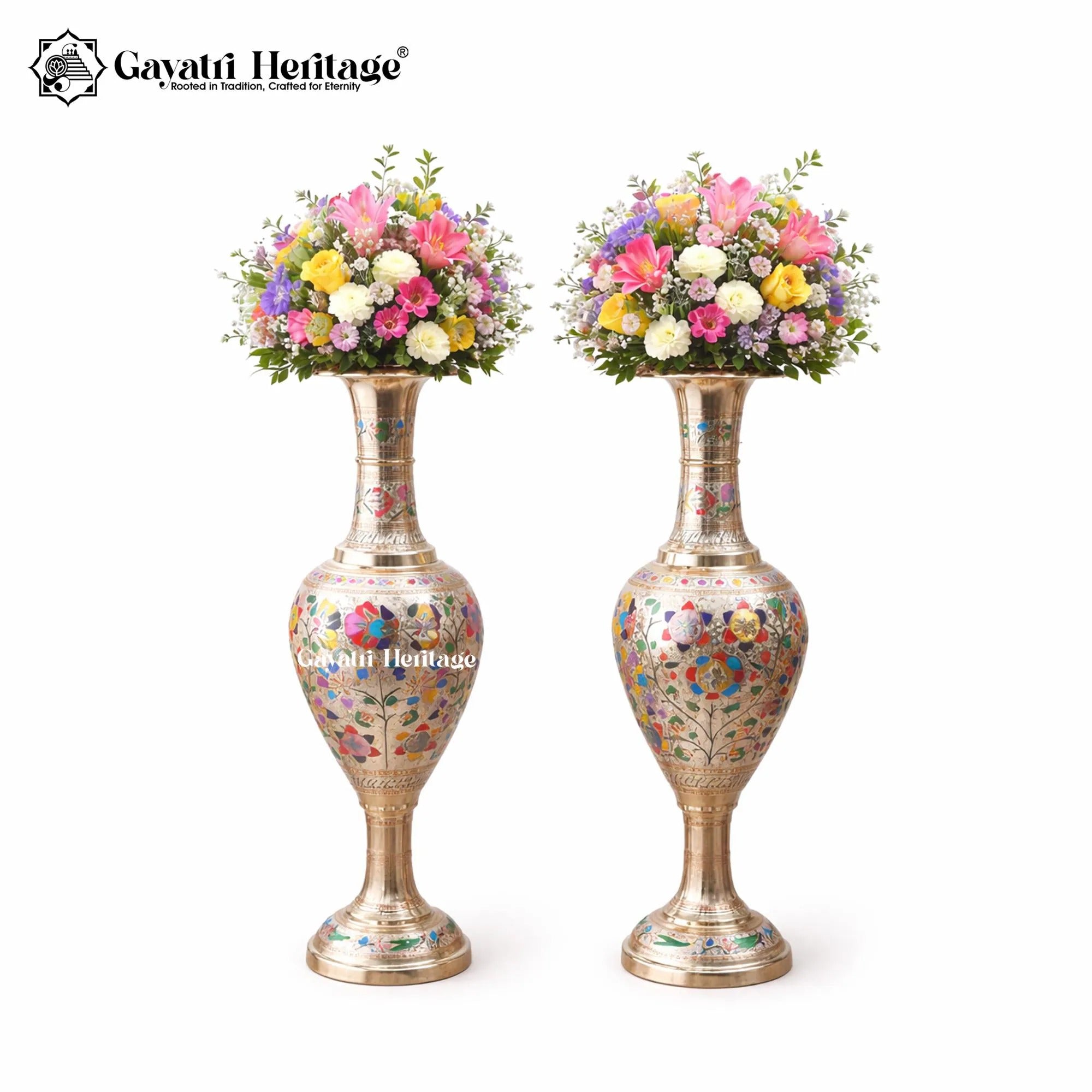 Brass Meenakari Vase – Elegant Flower Pot Decor | Gayatri Heritage
