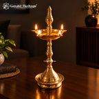 Brass Nilavilakku Kerala Lamp, Traditional Samay Vilakku, 4 Wick Standing Oil Deepam