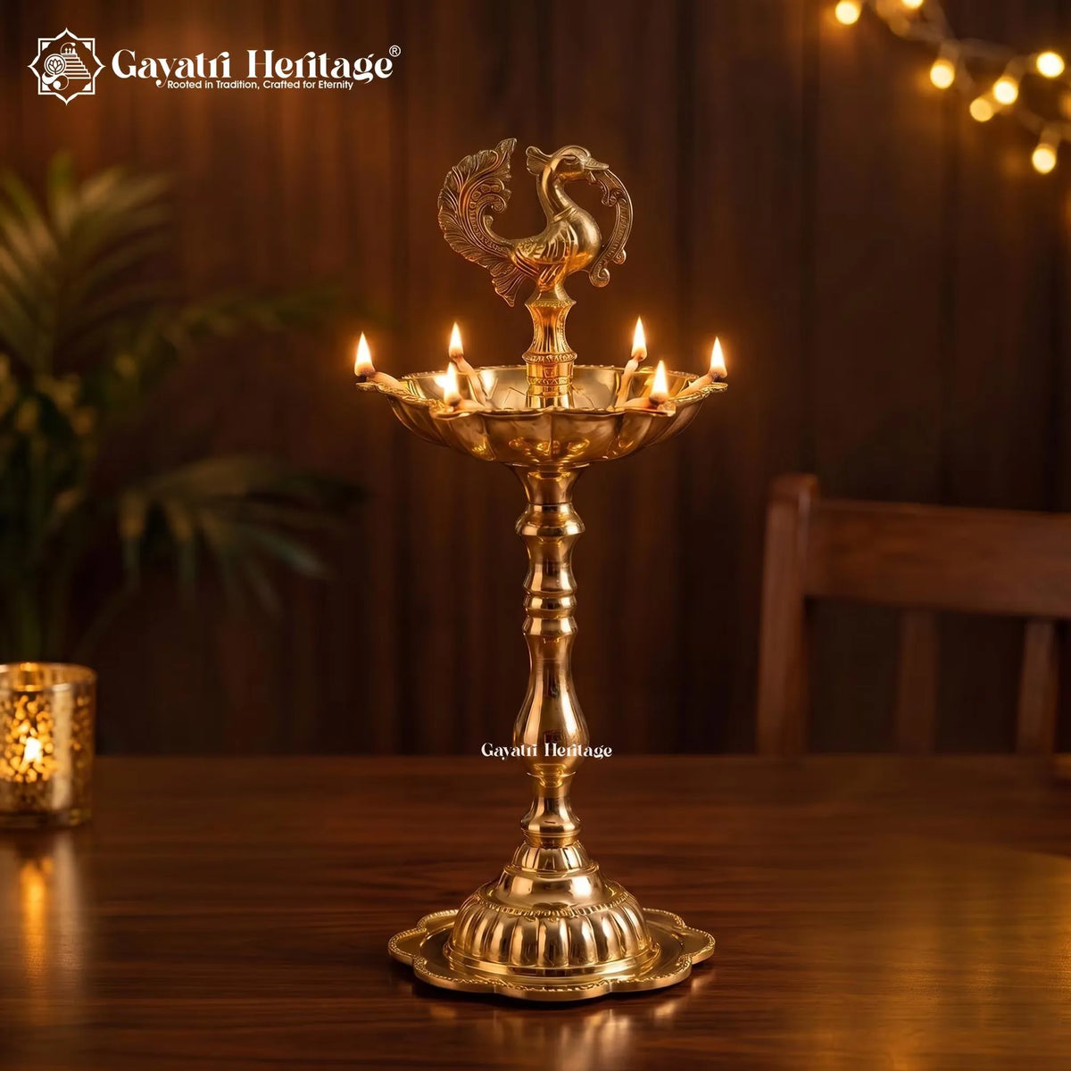 Brass Peacock Diya | Tall Standing Pooja Lamp with Multi Wicks | Temple & Diwali Decor