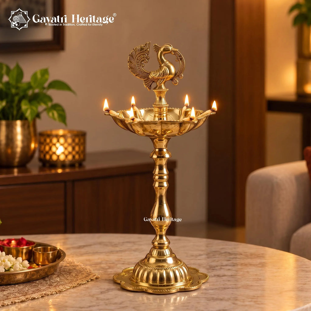 Brass Peacock Standing Oil Lamp | Multi Wick Deepam | Traditional Pooja Room & Temple Decor