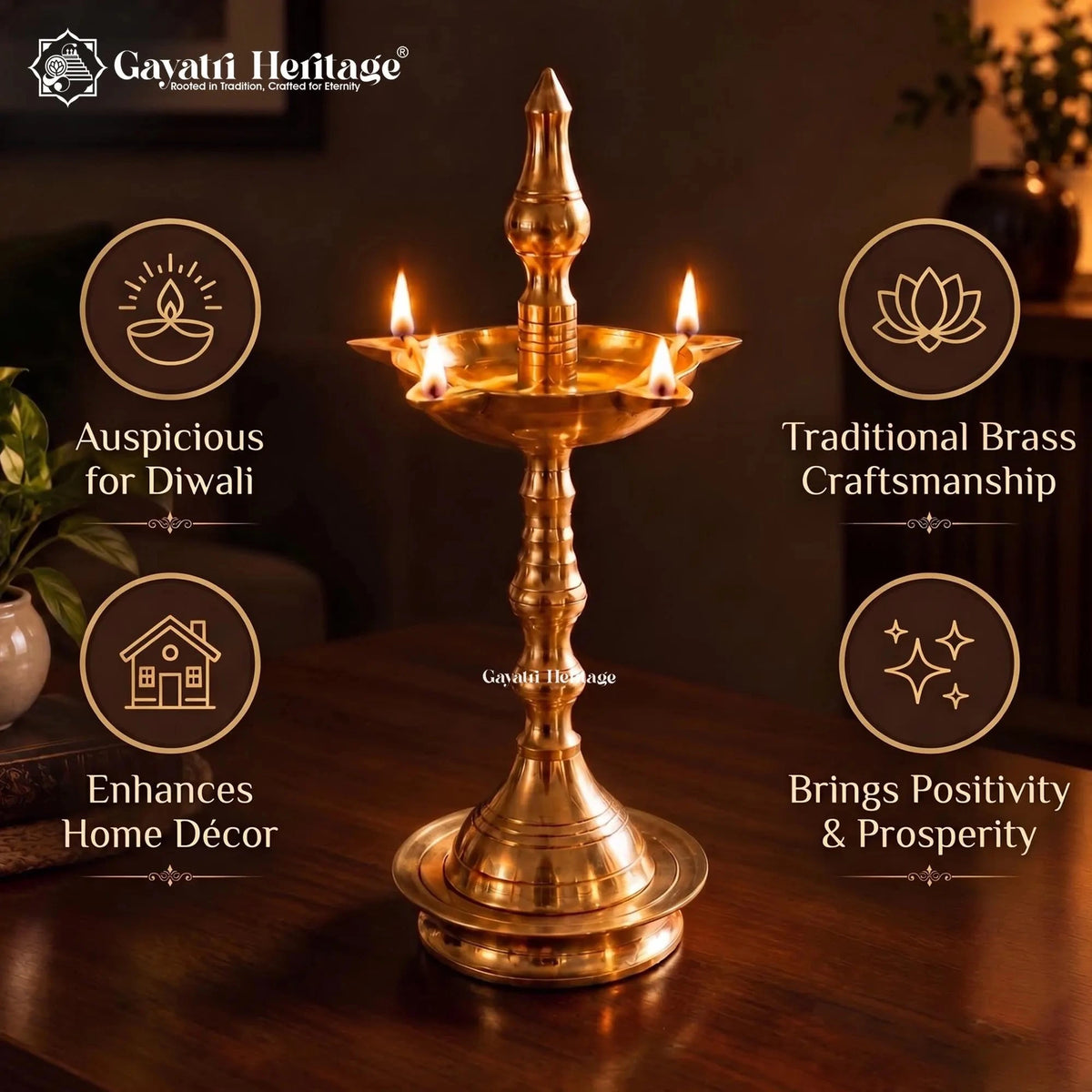 Brass Nilavilakku Kerala Lamp, Traditional Samay Vilakku, 4 Wick Standing Oil Deepam