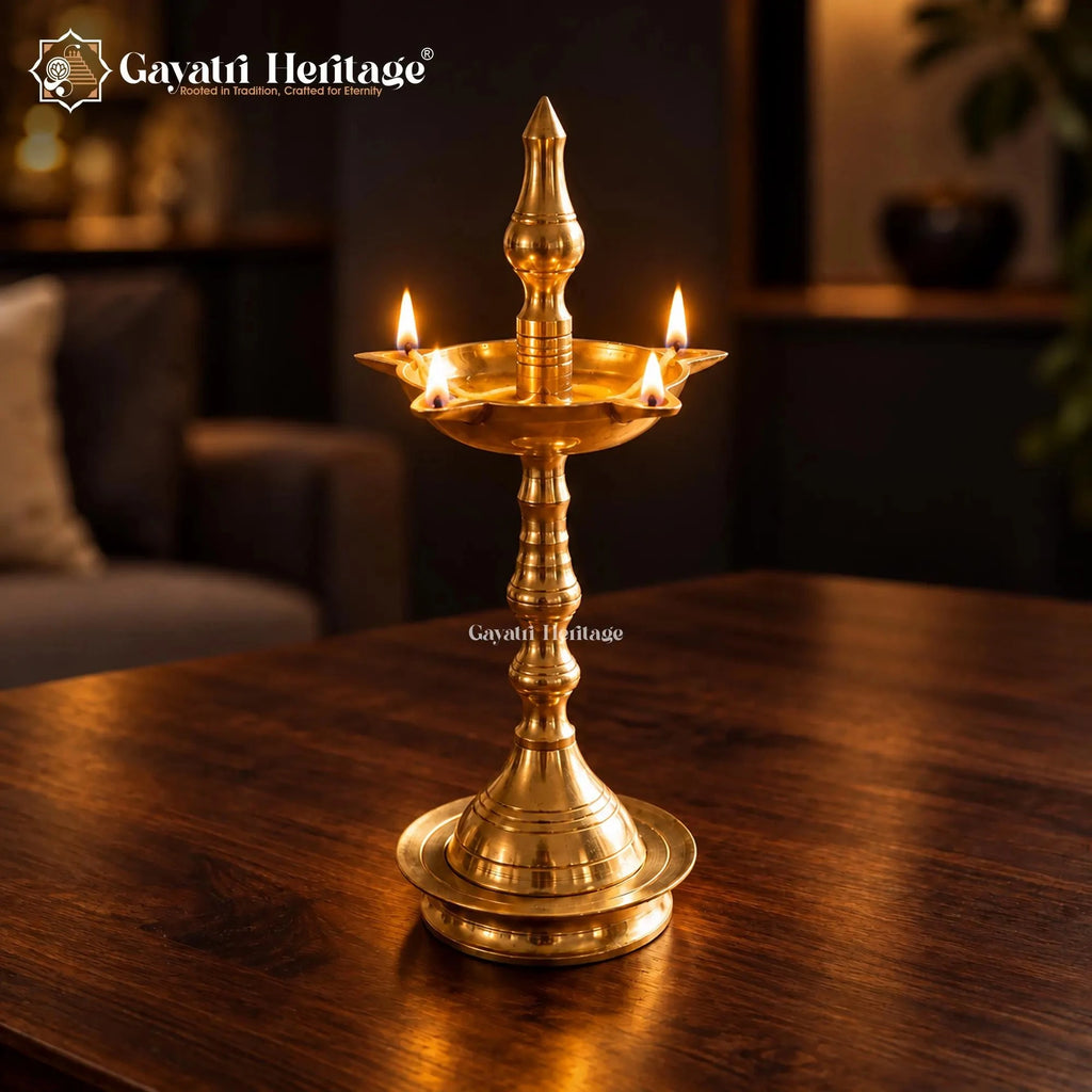 Brass Standing Oil Lamp, Traditional 4 Wick Deepam, Pooja Room Decor, Temple Lamp, Diwali Decoration