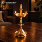 Brass Standing Oil Lamp, Traditional 4 Wick Deepam, Pooja Room Decor, Temple Lamp, Diwali Decoration