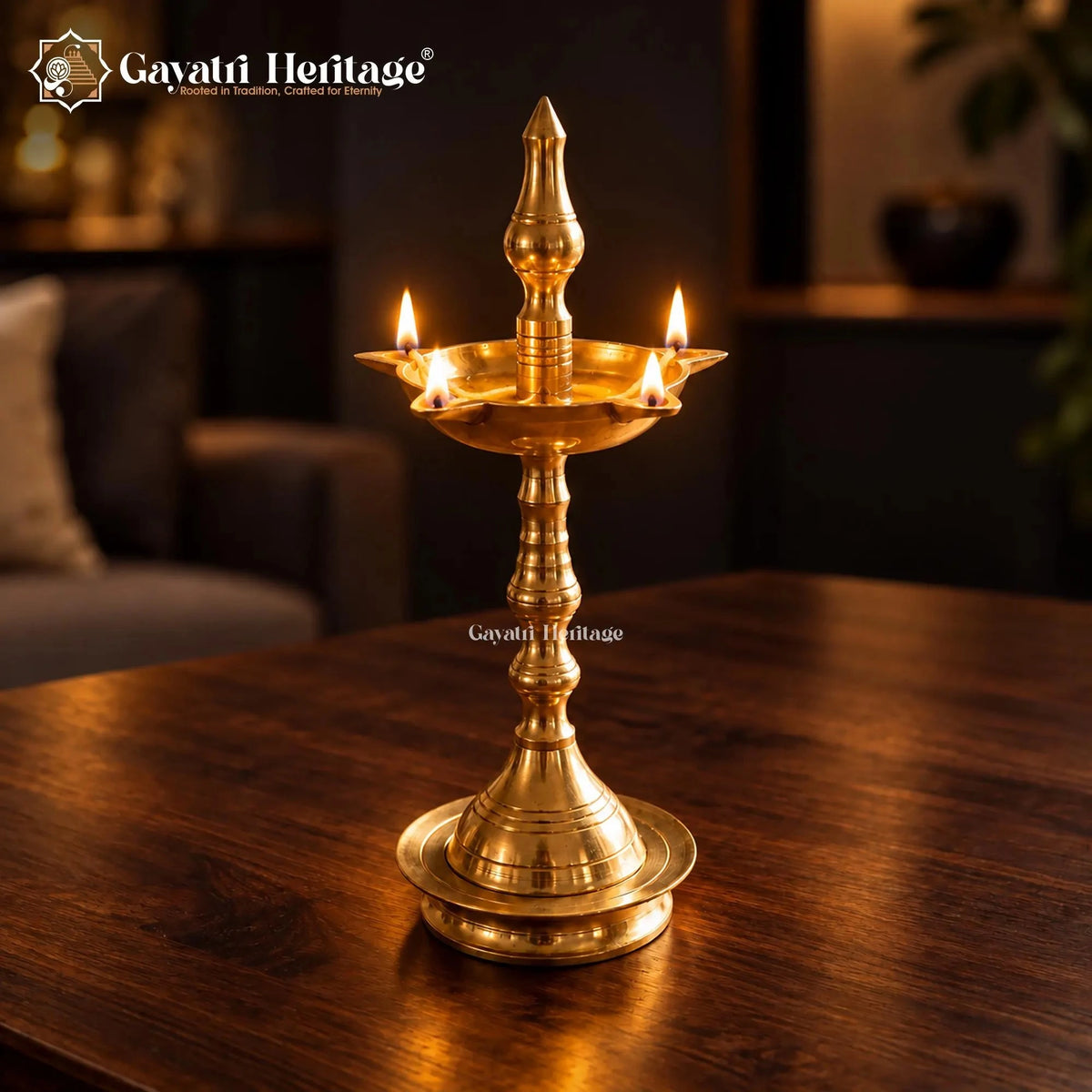 Brass Standing Oil Lamp, Traditional 4 Wick Deepam, Pooja Room Decor, Temple Lamp, Diwali Decoration
