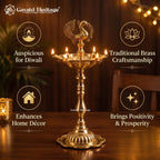 Brass Peacock Diya | Tall Standing Pooja Lamp with Multi Wicks | Temple & Diwali Decor