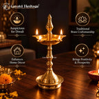 Brass Standing Oil Lamp, Traditional 4 Wick Deepam, Pooja Room Decor, Temple Lamp, Diwali Decoration