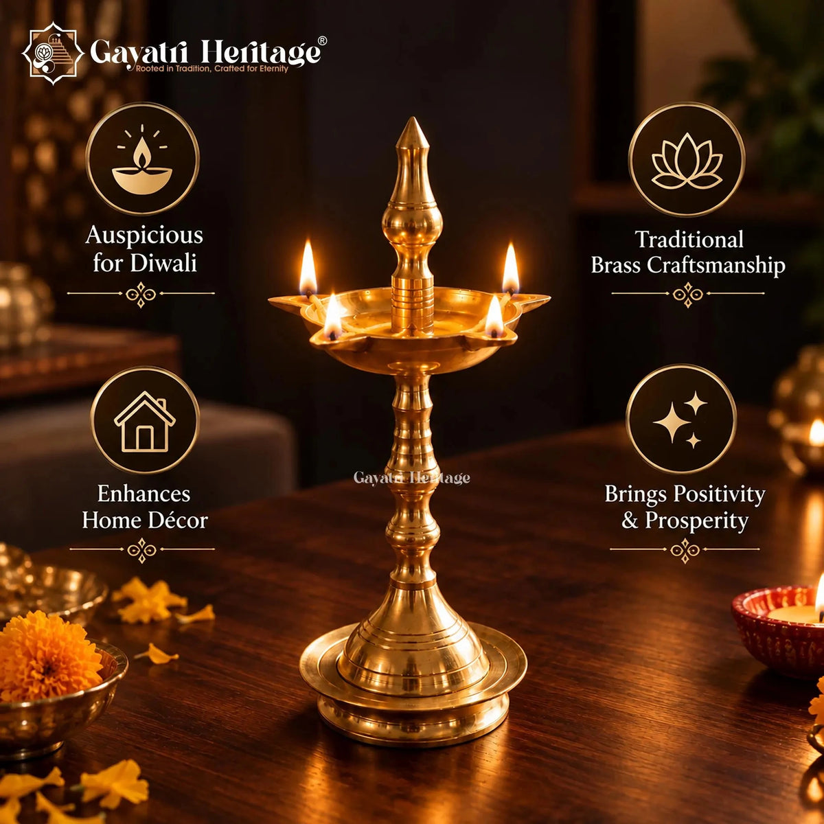 Brass Standing Oil Lamp, Traditional 4 Wick Deepam, Pooja Room Decor, Temple Lamp, Diwali Decoration