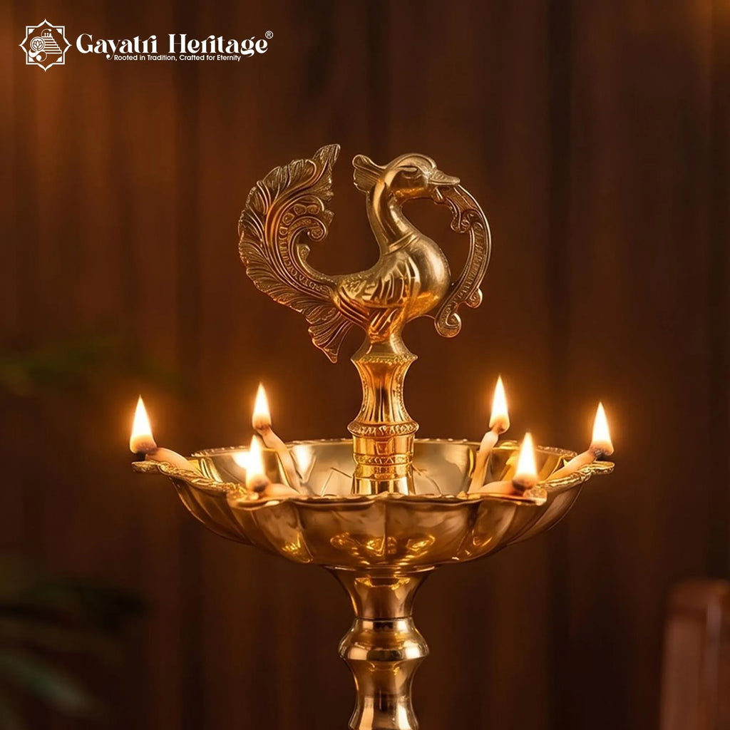 Brass Peacock Diya | Tall Standing Pooja Lamp with Multi Wicks | Temple & Diwali Decor