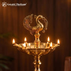 Brass Peacock Diya | Tall Standing Pooja Lamp with Multi Wicks | Temple & Diwali Decor