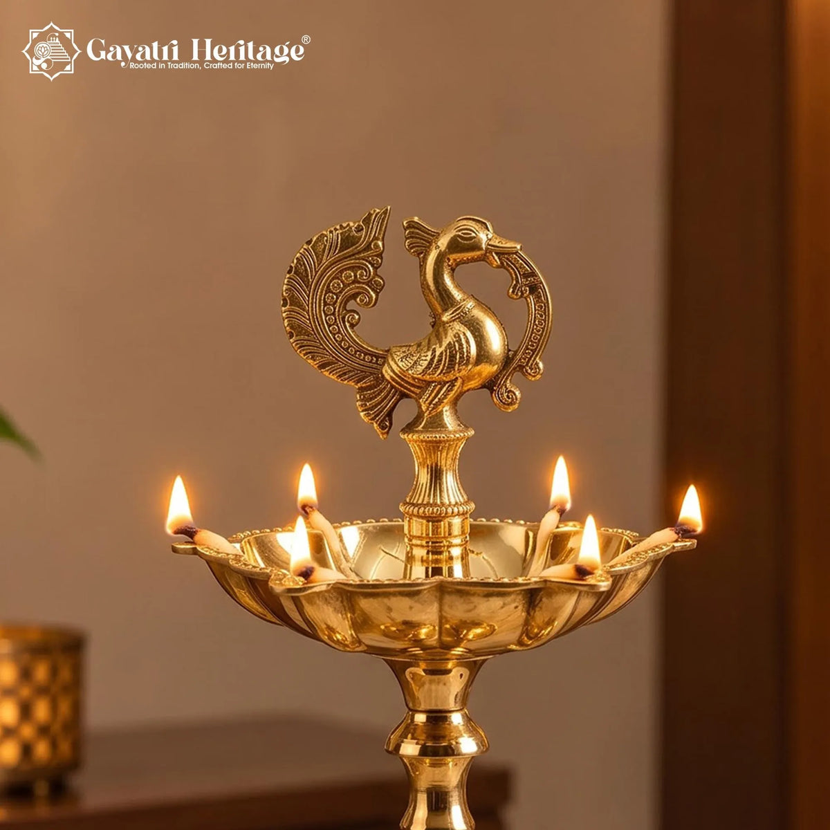 Brass Peacock Standing Oil Lamp | Multi Wick Deepam | Traditional Pooja Room & Temple Decor