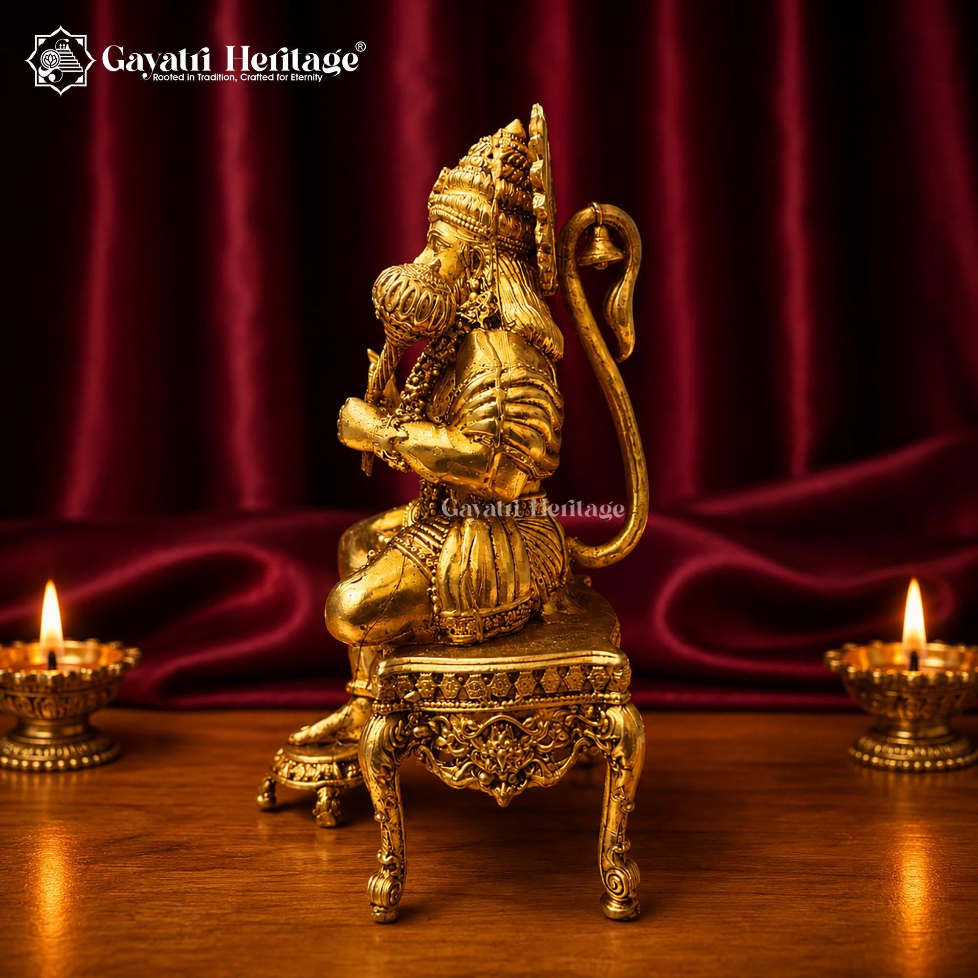 Brass Hanuman Idol | Seated Gada Murti | Handcrafted Bajrangbali Statue | Lord Hanuman Pooja Mandir Decor