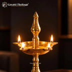 Brass Standing Oil Lamp, Traditional 4 Wick Deepam, Pooja Room Decor, Temple Lamp, Diwali Decoration