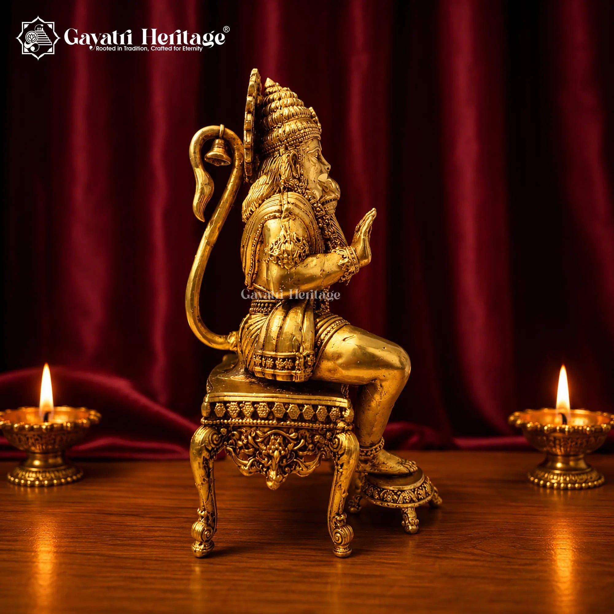 Brass Hanuman Idol | Seated Gada Murti | Handcrafted Bajrangbali Statue | Lord Hanuman Pooja Mandir Decor