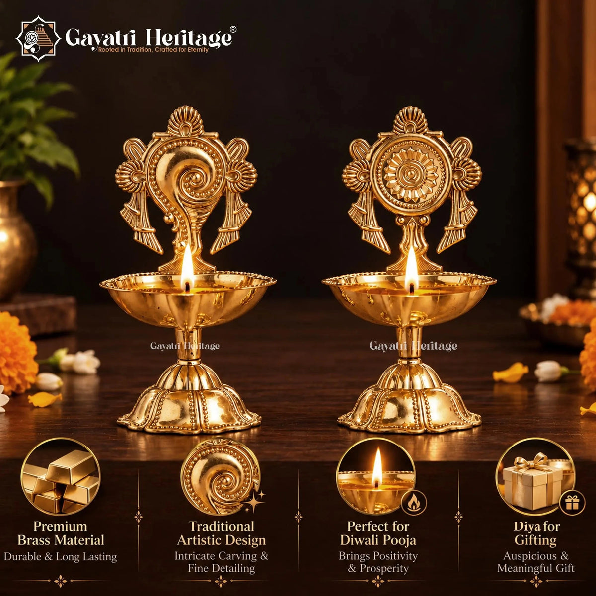 Brass Shankh Chakra Diya Pair | Vishnu Deepam Oil Lamp Set of 2 | Pooja Room & Temple Decor