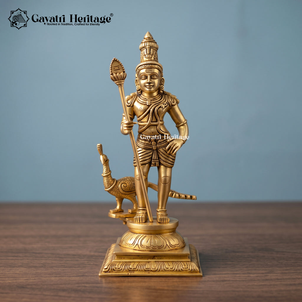 Brass Murugan Statue – Kartikeya Idol with Peacock | Gayatri Heritage