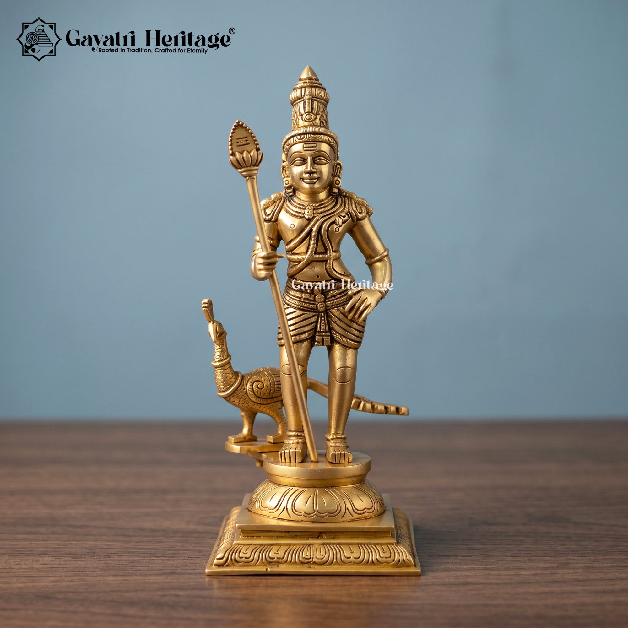 Brass Murugan Statue – Kartikeya Idol with Peacock | Gayatri Heritage