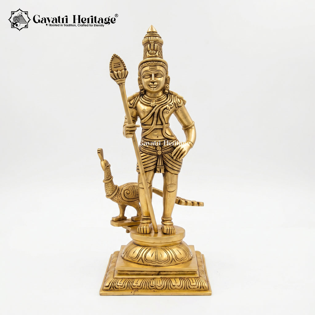 Brass Murugan Statue – Kartikeya Idol with Peacock | Gayatri Heritage