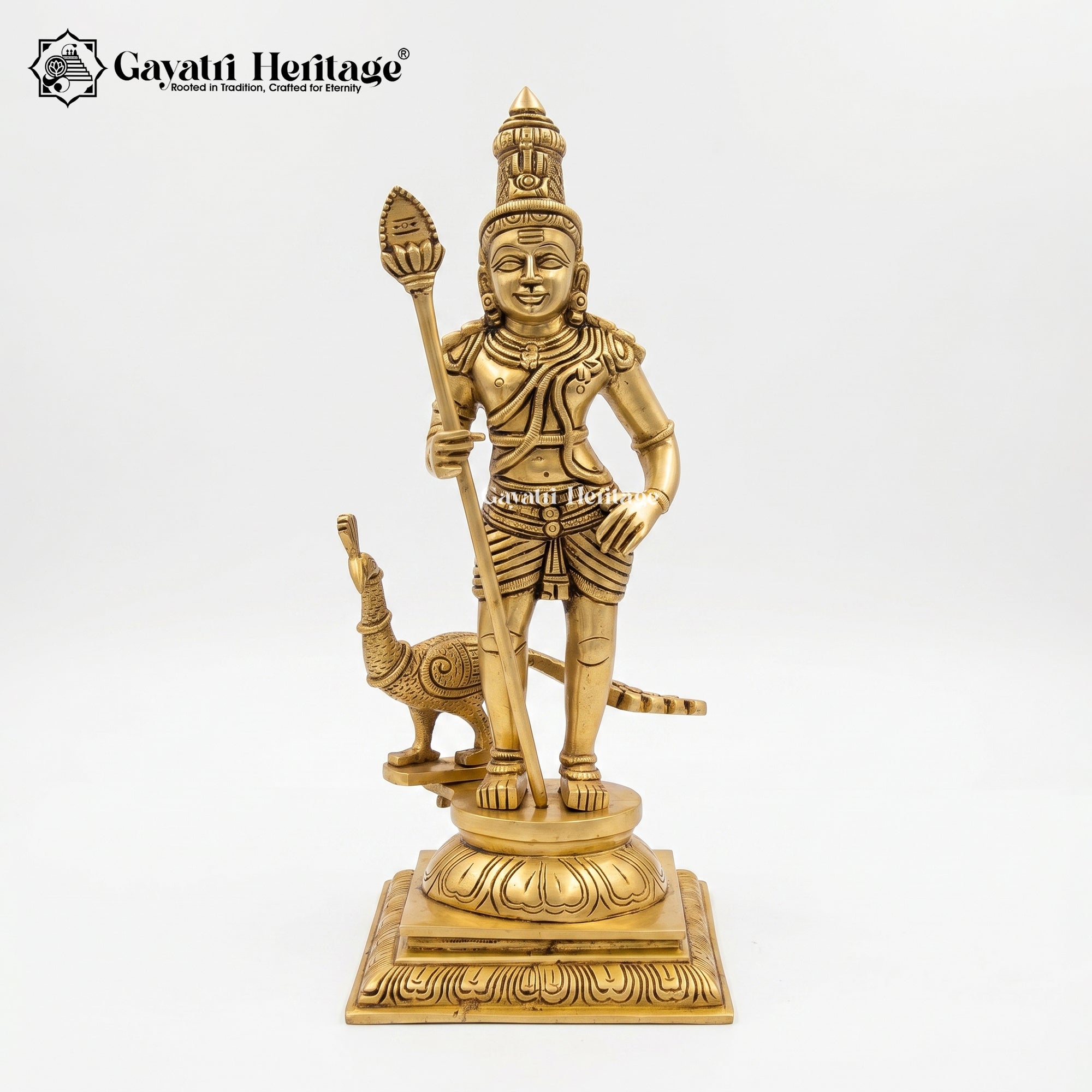 Brass Murugan Statue – Kartikeya Idol with Peacock | Gayatri Heritage
