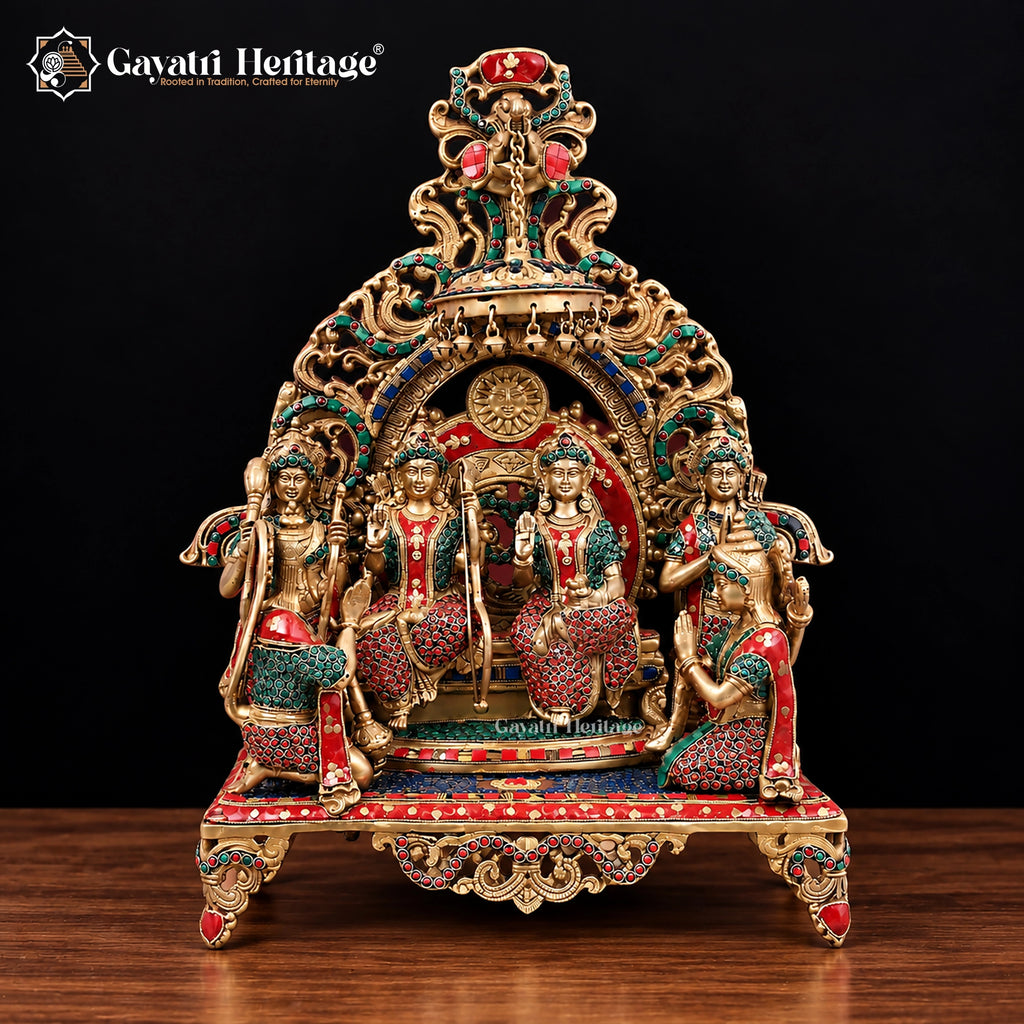 Brass Ram Darbar Statue with Red Green Stone Work | Ram Sita Lakshman Hanuman Idol