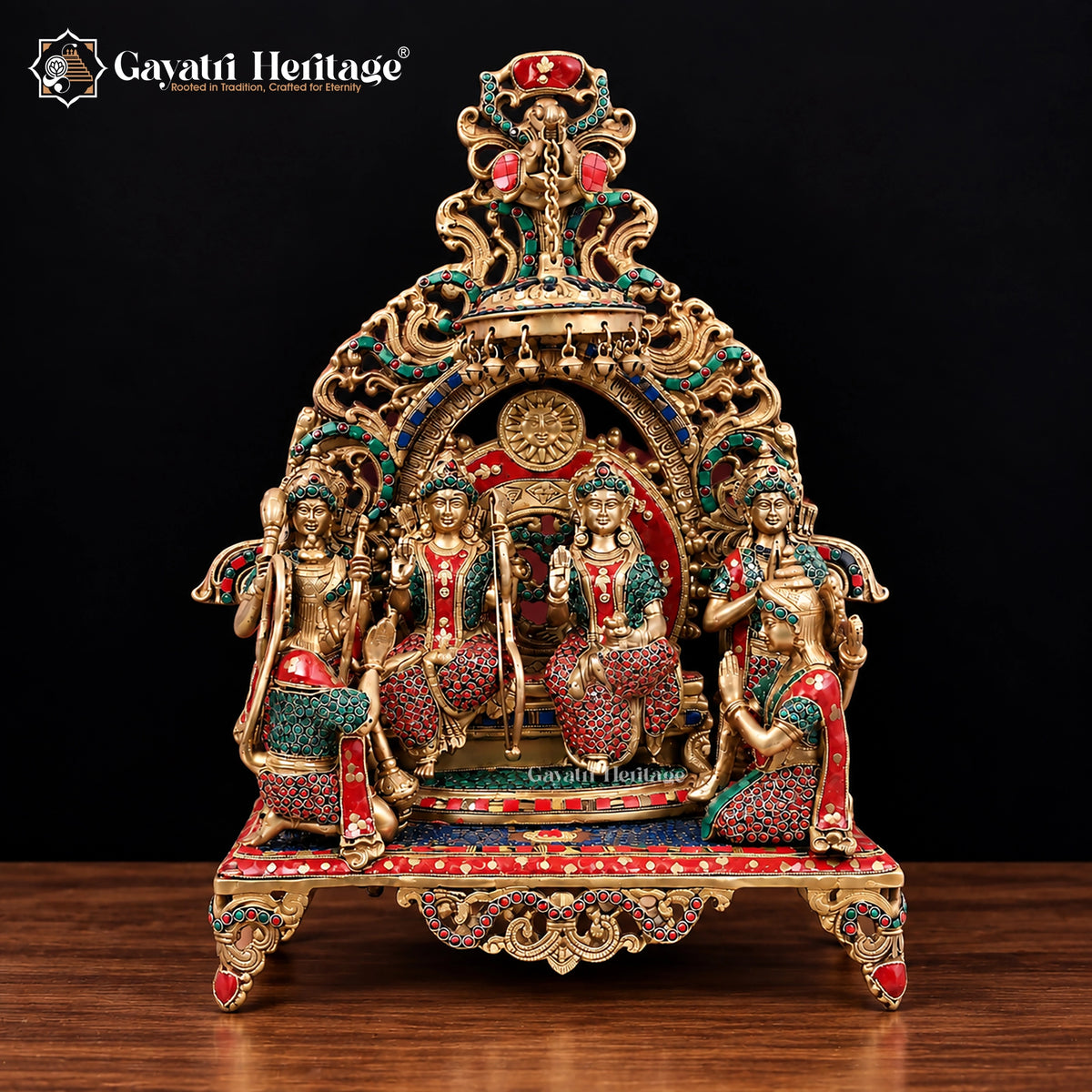 Brass Ram Darbar Statue with Red Green Stone Work | Ram Sita Lakshman Hanuman Idol