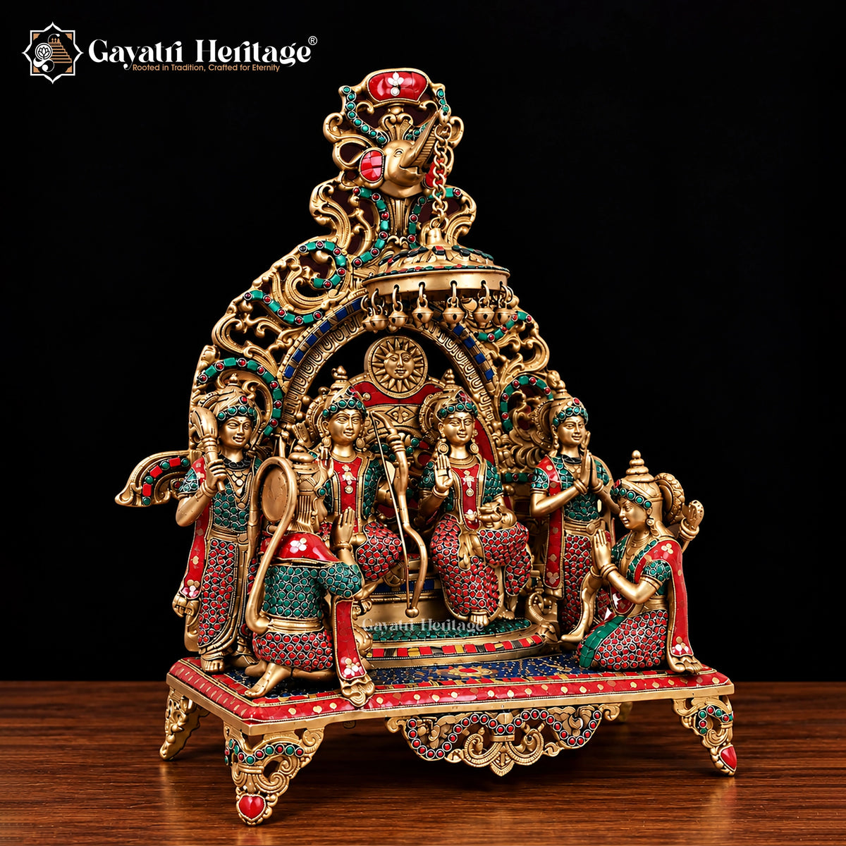 Brass Ram Darbar Statue with Red Green Stone Work | Ram Sita Lakshman Hanuman Idol