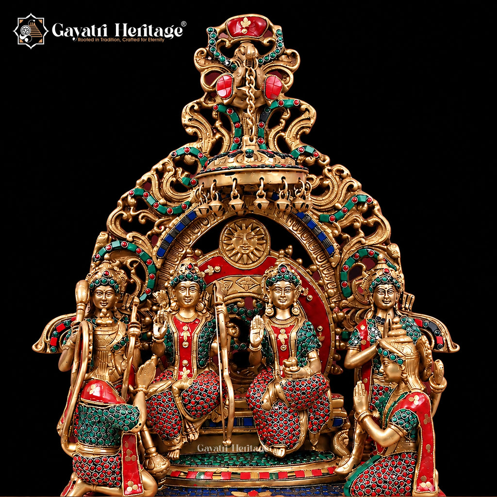 Brass Ram Darbar Statue with Red Green Stone Work | Ram Sita Lakshman Hanuman Idol