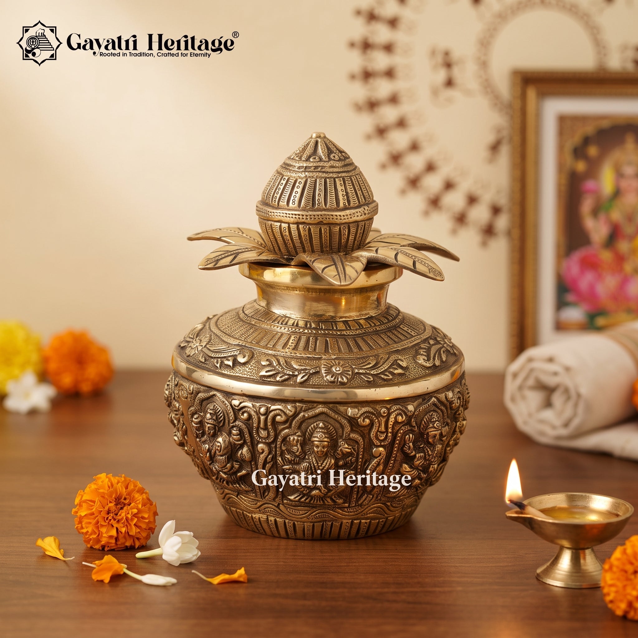 Brass Astalakshmi Kalash – Divine Prosperity Kalasha Decor | Gayatri Heritage